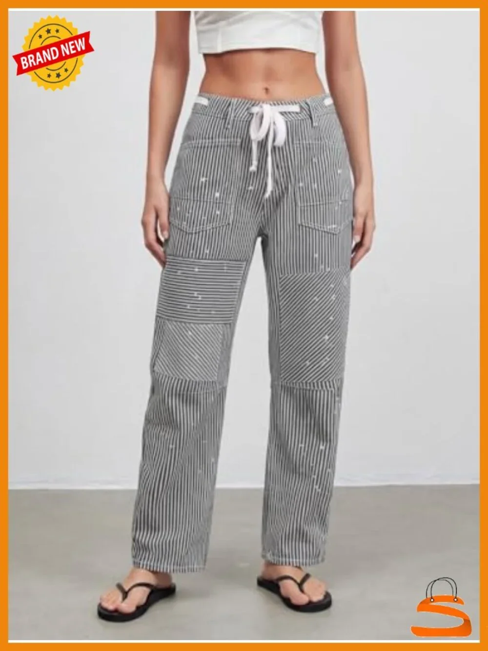 Striped Barrel Jeans Wide Leg Baggy Pants Mid Waist Y2k
